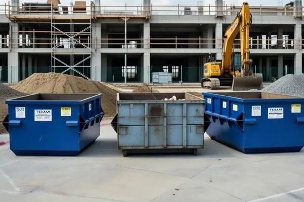 Three open-top containers in front of a multi-story building under construction with an excavator