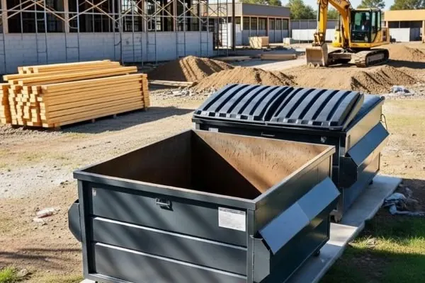 Open-top bins on a dirt job site beside stacked lumber and a parked excavator